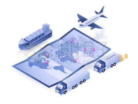 展开的世界地图和货轮飞机卡车象征了全球贸易线路网络2928176矢量图片免抠素材