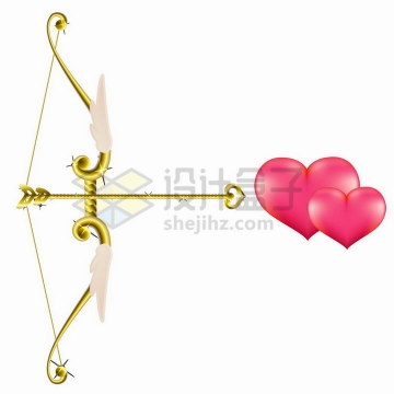 爱神天使的黄金箭射向两颗靠在一起的红心象征了情人节的爱情png图片免抠矢量素材