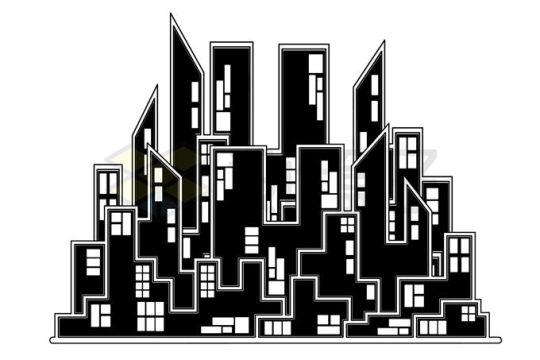 黑白色城市高楼大厦天际线建筑物剪影插画