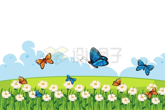 春天大草原上盛开的鲜花野花和飞舞的蝴蝶卡通风景8907793矢量图片免抠素材