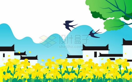 春天盛开的油菜花和徽式建筑燕子飞回来了风景插画2337244矢量图片免抠素材