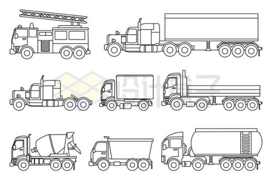 线条风格消防车卡车水泥车油罐车等汽车侧视图插画9418866矢量图片免抠素材