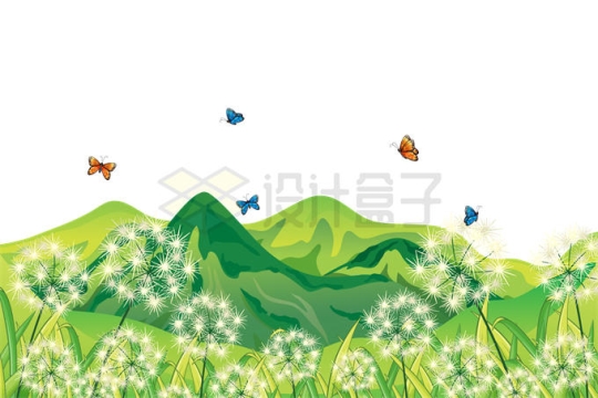 春天远处的青山和近处大草原上的蒲公英飞舞的蝴蝶卡通风景8866052矢量图片免抠素材