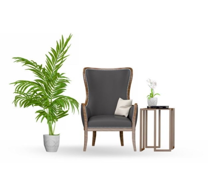 绿植盆栽茶几以及复古风格皮质单人沙发椅4719413免抠图片素材