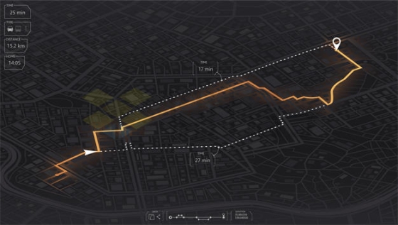 暗黑风格城市地图和多条醒目发光橙色导航线路4301326矢量图片免抠素材下载