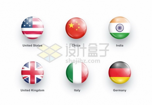 美国中国印度英国意大利德国国旗圆形水晶按钮图案249930png矢量图片素材