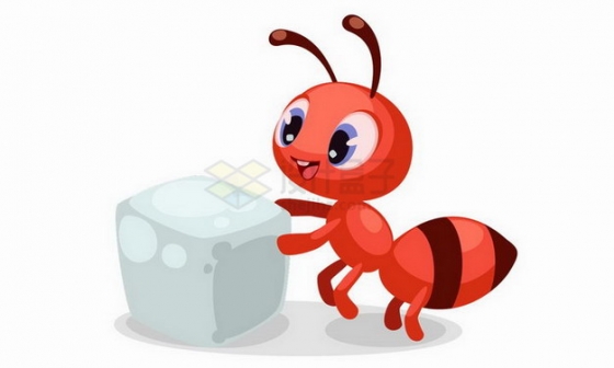 发现一块白糖的红色卡通小蚂蚁png图片免抠矢量素材