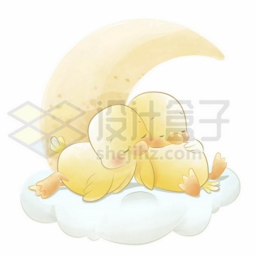 两只超可爱的卡通小黄鸭躺在弯弯的月亮和云朵中睡觉晚安晚上好8900099矢量图片免抠素材