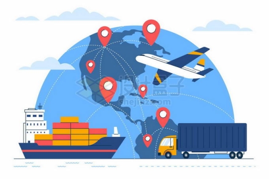 蓝色地球图案上的集装箱货轮卡车和飞机象征了世界贸易网络4500192矢量图片免抠素材