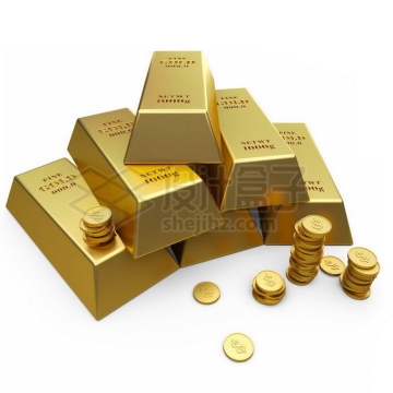 一堆金条金块和金币黄金贵重金属免抠图片素材