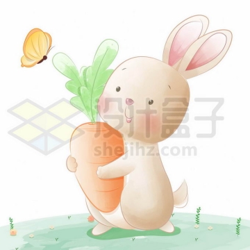 超可爱卡通小兔子抱着胡萝卜和蝴蝶7520974矢量图片免抠素材