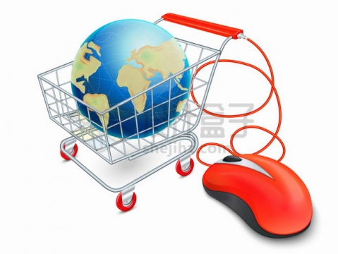 红色鼠标和超市购物车中的地球象征了网络购物png图片素材