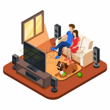 2.5D风格坐在客厅沙发上看电视的夫妻8162978矢量图片素材免费下载