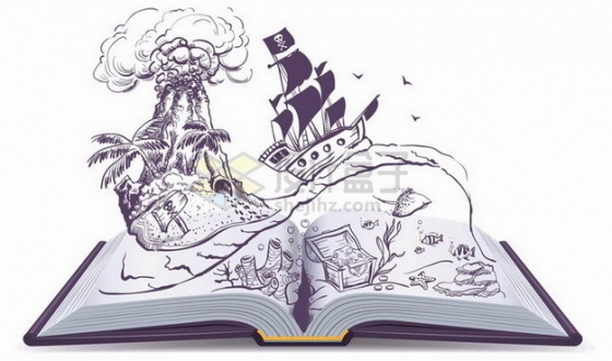 翻开的书本上的海盗船和宝藏岛屿100800png矢量图片素材