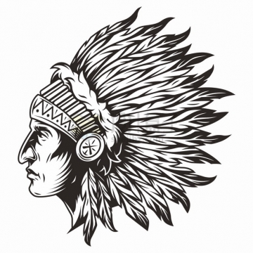 印第安酋长画像头像侧视图黑色线条手绘插画png图片素材