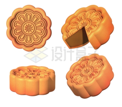4个不同角度的中秋节月饼传统美食3D模型9495731PSD免抠图片素材