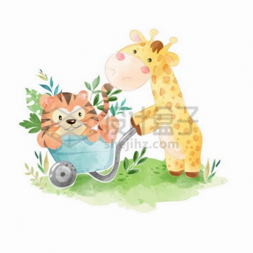 卡通长颈鹿和老虎一起玩耍水彩插画288887png矢量图片素材