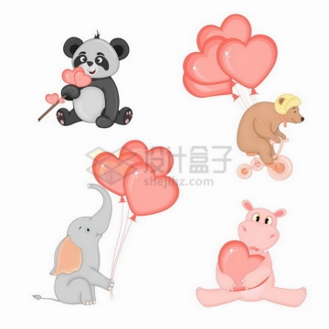 情人节拿着红心心形气球的卡通熊猫小熊大象和河马png图片免抠矢量素材