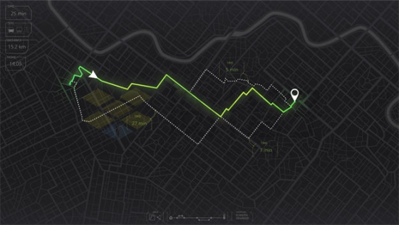 暗黑风格城市地图和多条醒目发光绿色导航线路6319155矢量图片免抠素材下载