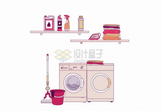 洗衣机烘干机拖把水桶和衣物清洁剂手绘插画png图片免抠矢量素材