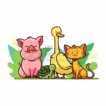 卡通小猪乌龟鸭子和小花猫png图片素材