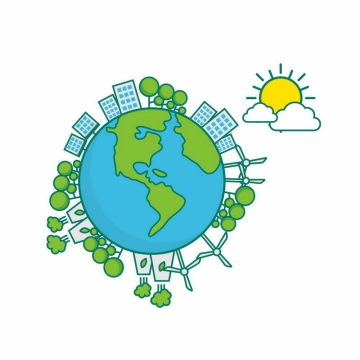 卡通绿色地球上的城市和绿色能源风力太阳能发电技术7568663矢量图片免抠素材