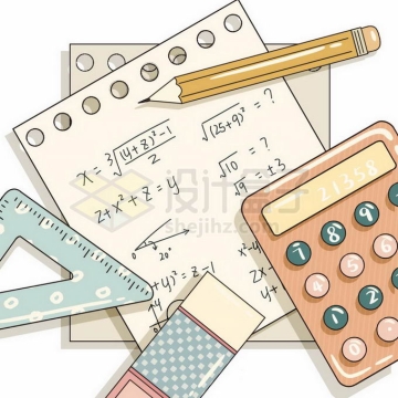 计算器三角尺铅笔和便签纸上的计算公式等学习笔记免抠图片素材