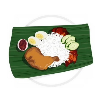 绿色树叶上的椰浆饭米饭鸡腿鸡蛋黄瓜美味美食东南亚菜7777354免抠图片素材