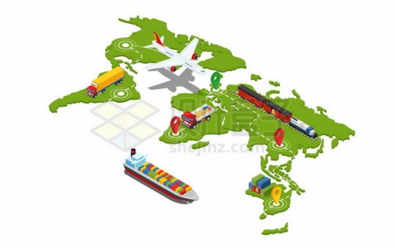 2.5D风格绿色世界地图上的飞机火车汽车轮船象征了全球贸易9923018矢量图片免抠素材