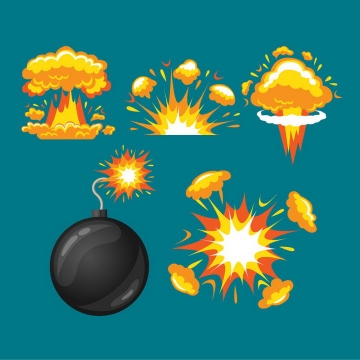 黑色圆球炸弹和各种爆炸效果蘑菇云图片免抠素材
