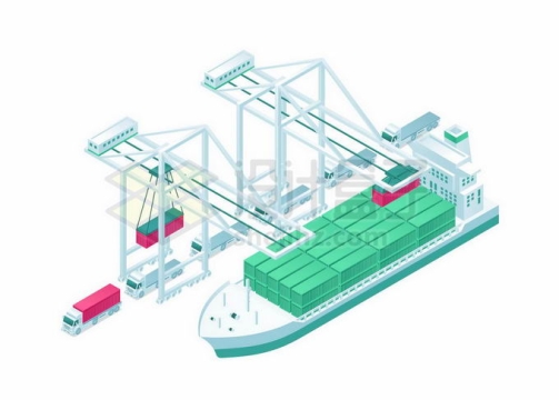 2.5D风格停靠在港口码头卸货的集装箱货轮和集装箱装卸桥9235877矢量图片免抠素材