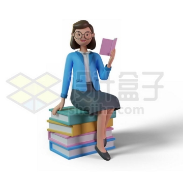 卡通女教师坐在书本上看书读书3D人物模型2915275PSD免抠图片素材
