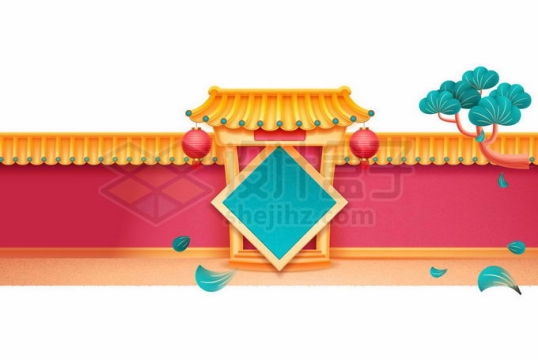 红墙黄瓦宫殿院墙中国传统建筑物新年春节插画9316213矢量图片免抠素材