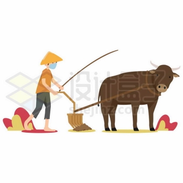 卡通农民正在耕牛的帮助下耕田1217659矢量图片免抠素材