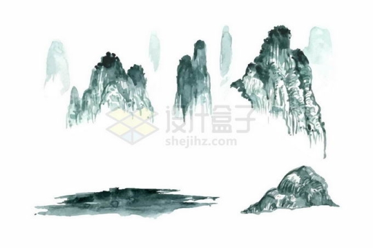 中国传统画彩色水墨风格山水画高山流水画7432565矢量图片免抠素材