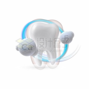 3D立体洁白的牙齿发光效果和钙质氟元素牙齿保健7947598矢量图片免抠素材