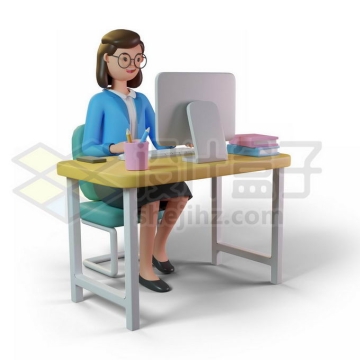 卡通女教师在电脑桌前使用电脑办公3D人物模型8064255PSD免抠图片素材