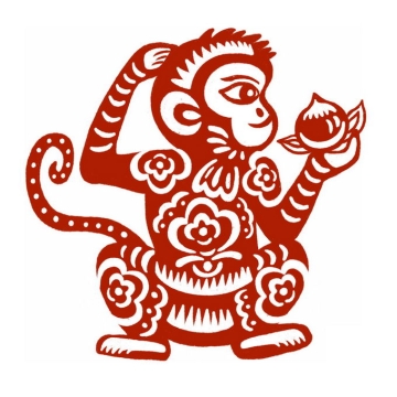 猴年拿着仙桃的小猴子图案新年春节红色剪纸7321149免抠图片素材