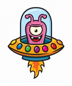 可爱卡通外星人驾驶着彩色飞碟png图片免抠矢量素材