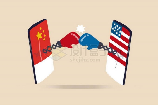 中国美国国旗手机中伸出的拳击手套象征了中美竞争对抗关系5267375矢量图片免抠素材