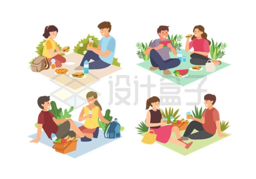 4款野餐野炊年轻人坐在毯子上吃东西9195080矢量图片免抠素材