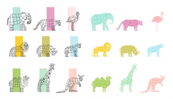 线条多边形色块组成的大象狮子袋鼠长颈鹿等动物剪影图片免抠素材