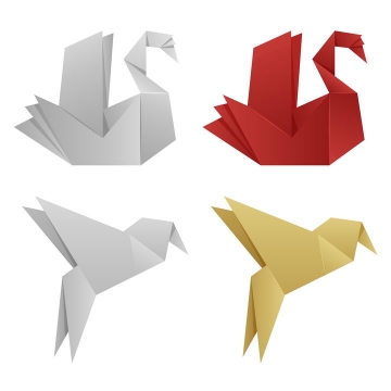 两种不同风格的折纸风格天鹅和小鸟图片免抠素材