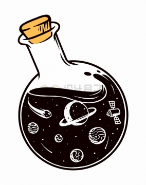 透明玻璃瓶中的太空星球抽象手绘插画png图片免抠矢量素材