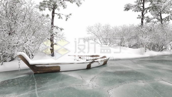 冬天结冰的小河上被积雪覆盖的小船和森林1748559图片免抠素材