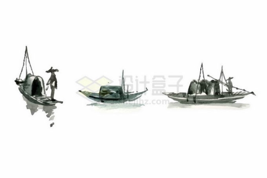 3款中国传统画扁舟孤舟水墨画4401129矢量图片免抠素材