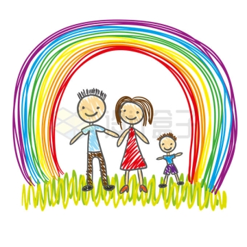 儿童涂鸦画的幸福一家人和彩虹插画6459473矢量图片免抠素材