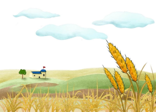 手绘风格小麦穗和远处乡村田野的风光画3133299图片免抠素材