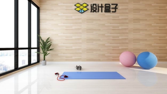 现代装修的健身房瑜伽垫瑜伽球墙壁上的文字LOGO显示样机7196796图片素材