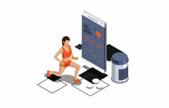 2.5D风格正在健身的女人和手机健身APP7280052图片免抠素材